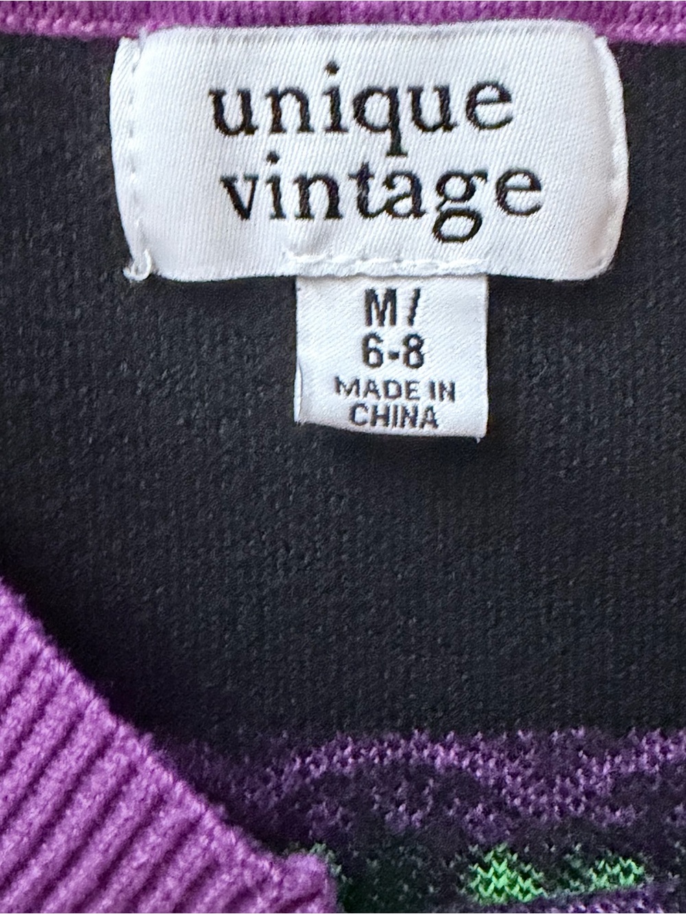 Unique Vintage Black V-Neck Sweater with Purple Trim and Green Pattern - Picture 2 of 2